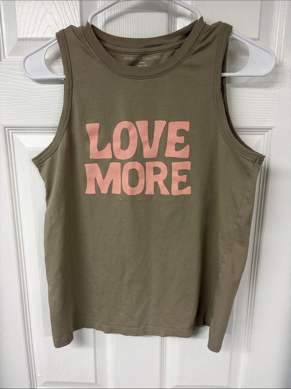 Spiritual Gangster Women’s Khaki Tank with Pink LOVE MORE Print size SM